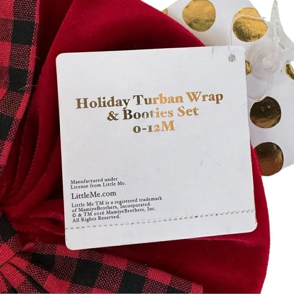 Little Me 0-12 Month Holiday Velvet Plaid Hat & Bootie Set NWT